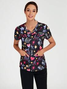 TaskEZ Phụ nữ - Áo thun cổ chữ V in hình Sweetheart, Đồng phục y tá cổ chữ V tay ngắn có 2 túi Áo phông chà hàng đầu - Nhiều màu - Xem 4