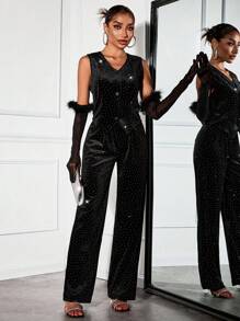 SHEIN SXY Elegant Sparkling Velvet Rhinestone Embellished Ladies Suit Set For Party - Black - View 7