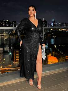 SHEIN SXY Kleid in Große Größen mit Pailletten Verzierung und hohem Schlitz, Herbst