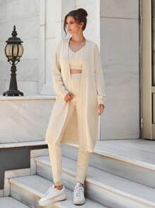 EURMUSE 3 Pieces Cable Knit Casual Long Cardigan Knitted Leggings And Knit Top Sweater Set - Beige - View 6