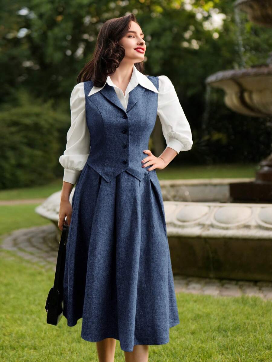 Vintamour 复古学院风女式两件套翻领背心和裙子套装秋季女装两件套背心套装返校商务休闲女士外出装背心套装办公室装学院风女装冬季女装办公室装女套装感恩节女装秋装两件套秋季装女裙套装女套装皇家蓝女装 - 藏蓝色 - 查看 1