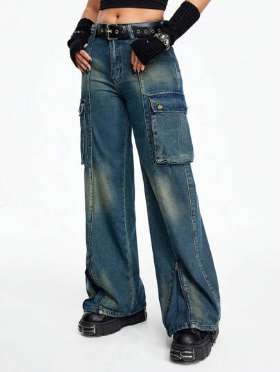 Grunge Punk Vintage verwaschene Utility Loose Fit Jeans mit mehreren Taschen, geeignet für Musikfestivals