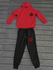 Manfinity Homme 男士格紋抽繩連帽衫和運動褲 - 紅色 - 查看 1