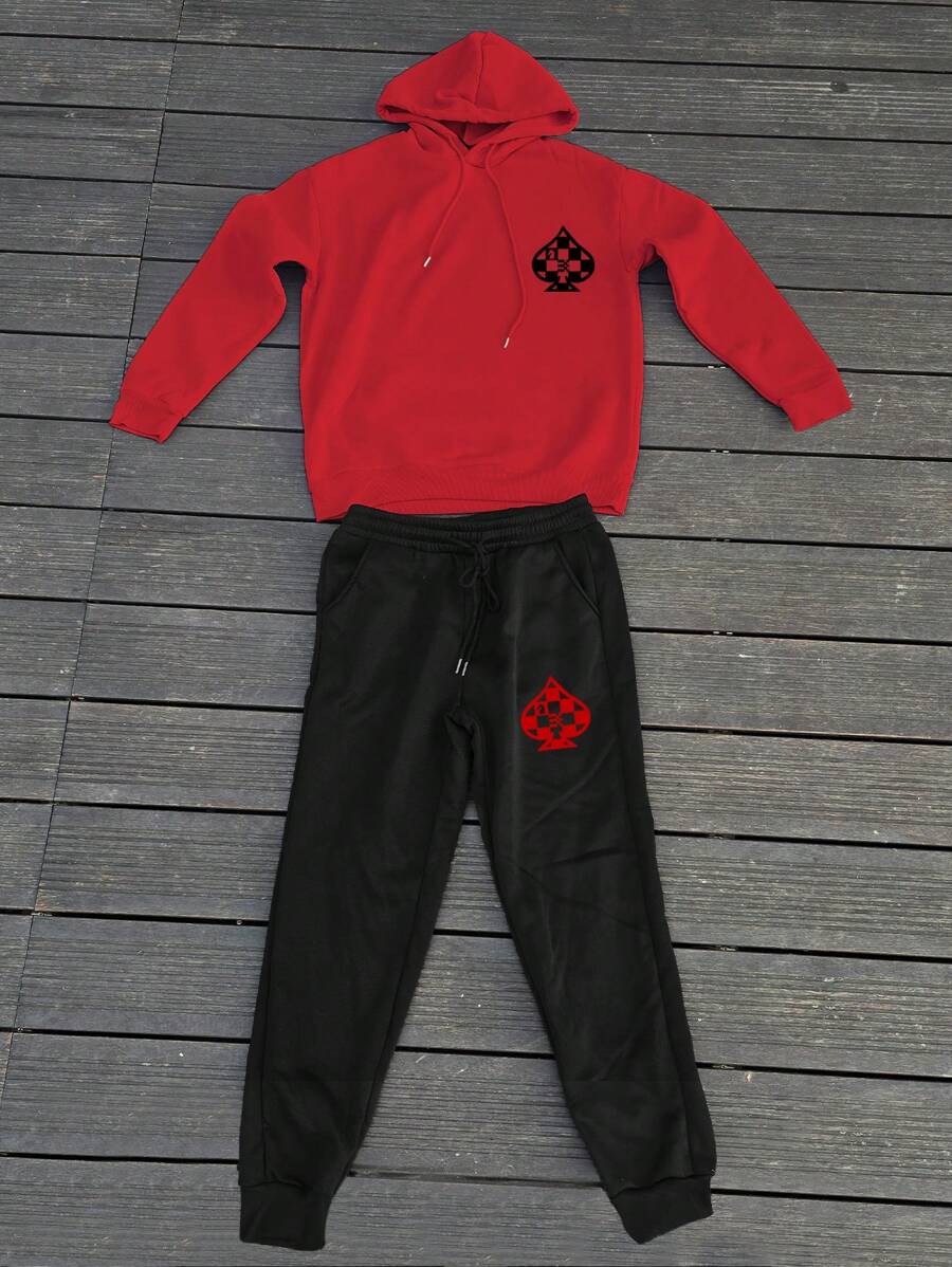 Manfinity Homme 男士格紋抽繩連帽衫和運動褲 - 紅色 - 查看 1