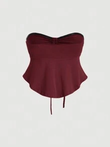 SHEIN MOD 勃艮第色褶皱弧形下摆蝴蝶结露肩女式上衣 约会、派对 - 酒紅色 - 查看 3