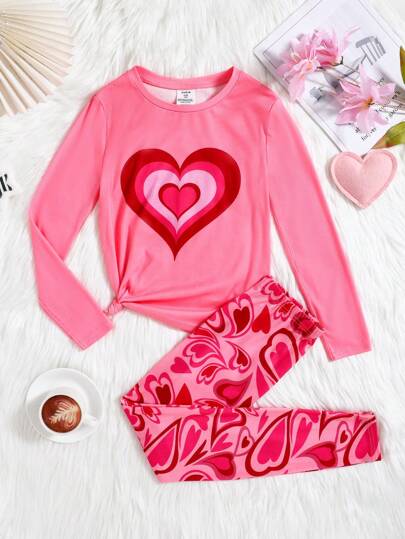 SHEIN 2pcs Tween Girls Snug Fit Heart Print Crew Neck Long Sleeve Pajama Set, Cozy And Comfortable