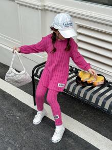 SHEIN Conjunto de 6 piezas para niña pequeña con vestido con capucha y leggings/pantalones, combinación de verde, rosa y morado, tela suave de felpa, ropa casual para uso diario y en casa para otoño/invierno - Morado - Ver 12