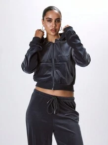 Velour Embroidered Musera Zip Hoodie - Dusty Blue - View 1