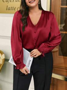 SHEIN Frenchy Blusa de satén de manga acampanada y botones por delante. Camisa de manga larga lisa para el Día de San Patricio