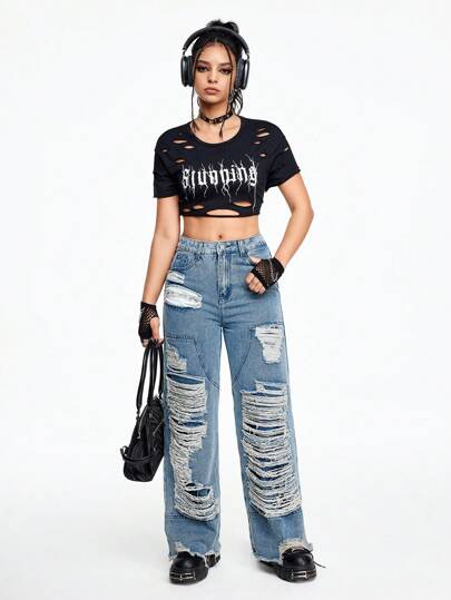 Grunge Punk Jeans de mezclilla anchos y sueltos con bolsillos desgastados, casuales y versátiles para mujer