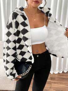 SHEIN LUNE Women's Casual Commuting Chic Black & White Rhombus Fluffy Regular Jacket Coat Fall Cloth For Women - Multicolor - View 4