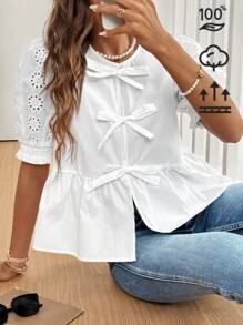 SHEIN Frenchy 孔眼刺绣泡泡袖蝴蝶结前摆荷叶边衬衫前部和中心有蝴蝶结设计 100 秋季服装，短袖上衣