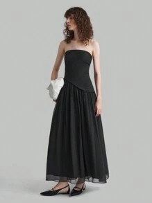 Ontre Váy chữ A trễ vai mới nhất mùa xuân 2025 dành cho nữ, Váy mặc hàng ngày và dự tiệc, Váy dài trễ vai chắp vá màu đen - màu đen - Xem 5