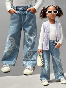 SHEIN Explorewe Young Girls New All-Match Versatile Washed Butterfly Print Straight Leg Wide Jeans - Light Wash - View 1