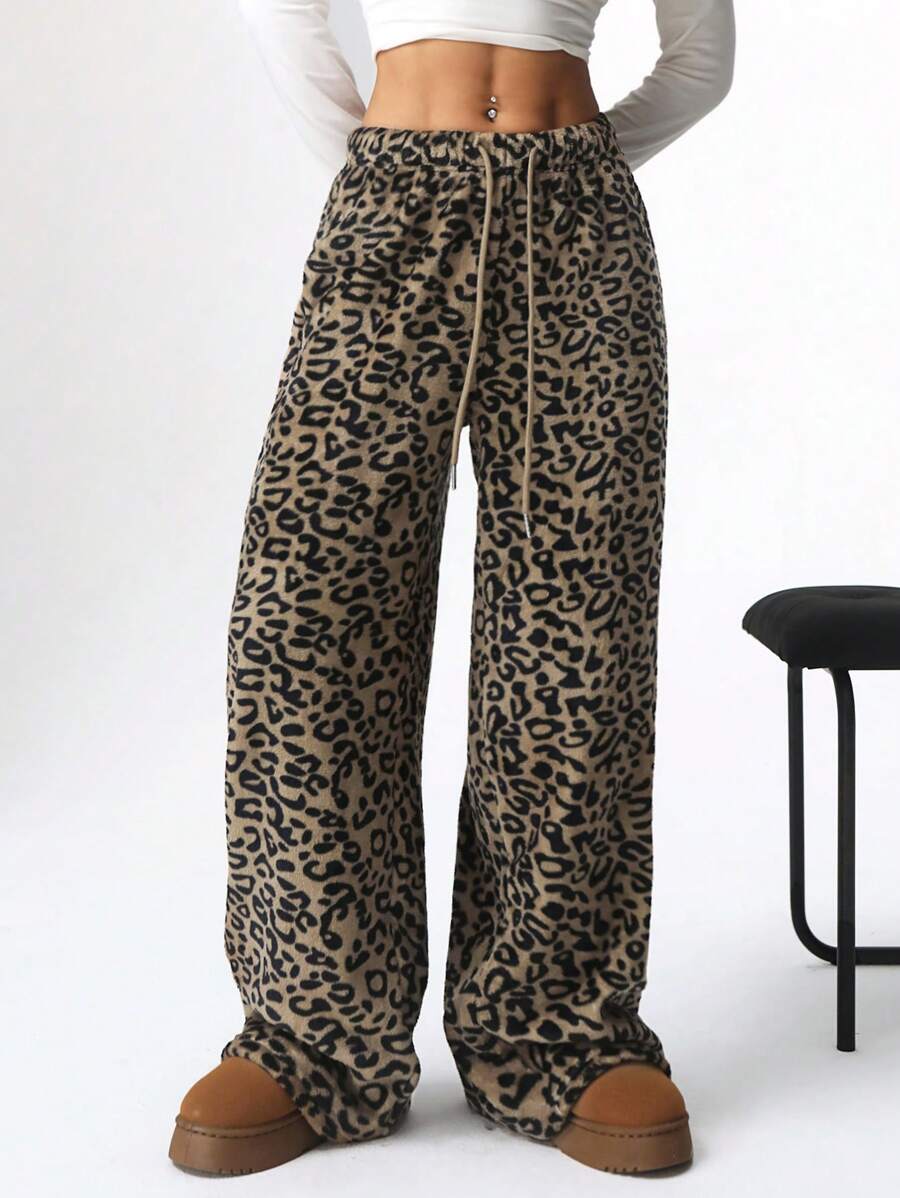 SHEIN EZwear 女士时尚抽绳直筒休闲街头豹纹裤 - 棕色 - 查看 1