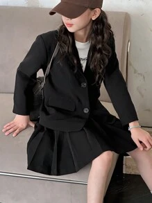 DAZY Set de 2 piezas con blusa de manga larga con botones al frente y falda evasé de unicolor para niña preadolescente