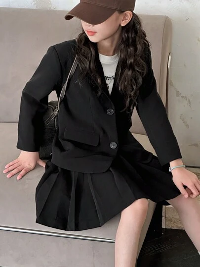 DAZY 2pcs Tween Girl Solid Color Front Button Long Sleeve Top And A-Line Skirt Suit