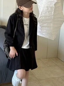 DAZY Set de 2 piezas con blusa de manga larga con botones al frente y falda evasé de unicolor para niña preadolescente