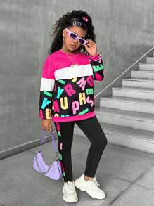 SHEIN Explorewe Bộ 2 quần nỉ và quần legging in chữ nhiều màu cho bé gái tuổi mới lớn - Nhiều màu - Xem 3