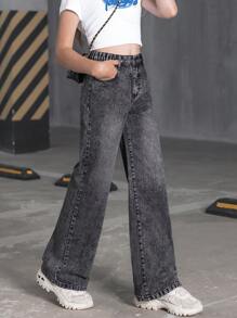 SHEIN 女童正面纽扣多口袋蝴蝶结刺绣星星牛仔裤