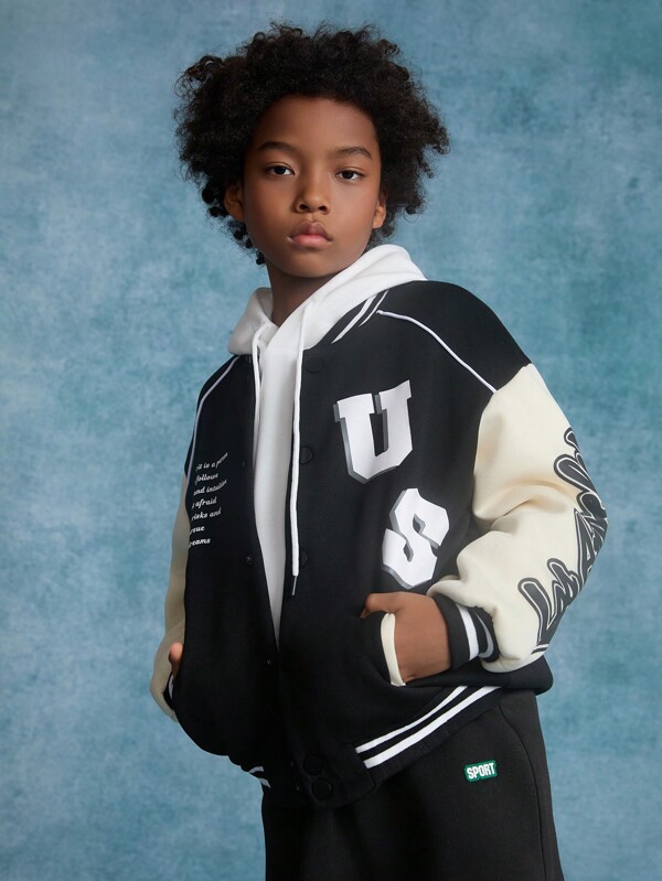 SHEIN Tween Boys' Colorblock Letter Print Relaxed Casual Jacket ,Bomber Jacket Kids
