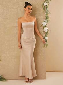 SHEIN Unity Bộ 2 áo corset bằng vải satin và váy đuôi cá dài - Màu Khaki - Xem 5
