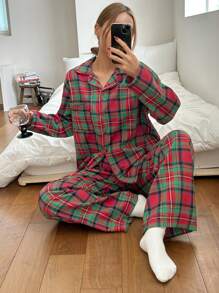DAZY Conjunto de pijama con camisa de manga larga con botones y pantalón largo a cuadros, holgado