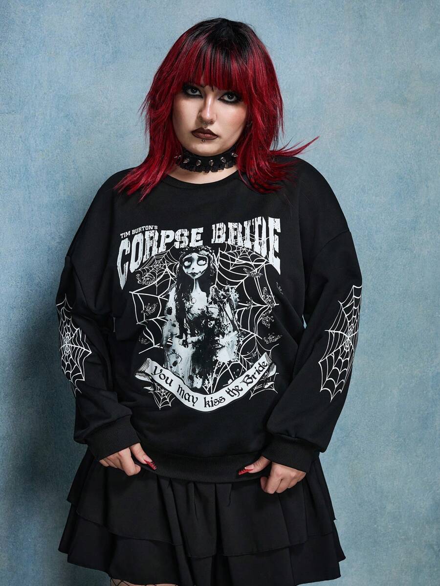 Corpse Bride X SHEIN Plus Size Casual Cartoon Character & Slogan Loose Fit Drop Shoulder Sweatshirt, Spring And Autumn Winter Fall - Black - View 1
