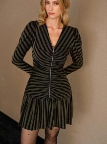 MOTF PREMIUM GLITTER STRIPED PRINT GIGOT SLEEVE V-NECK RUCHED ZIP FRONT RUFFLE HEM SHORT DRESS