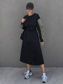 DAZY Robe à capuche femme à design patchwork bicolore avec cordon de serrage, manches longues, pour l'automne et l'hiver - Noir - Voir 1