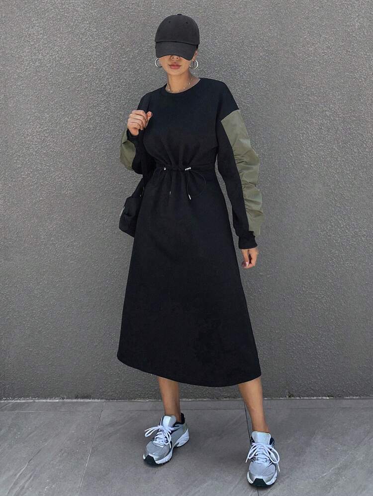 Women Contrast Color Hoodie Patchwork Design Drawstring Long Sleeve Dress Fall,Winter