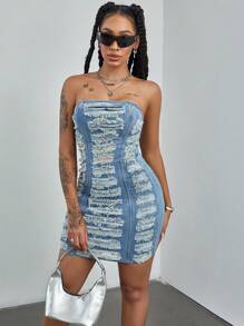 SHEIN ICON Váy ống denim xẻ tà gợi cảm ôm sát, chắp vá viền thô mùa hè cho nữ - Rửa trung bình - Xem 1