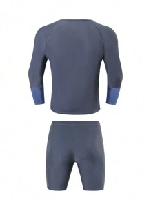 Surfspeed 2pcs/Set Men's Contrast Color Block Long Sleeve Top And Swim Shorts - Grey - View 2