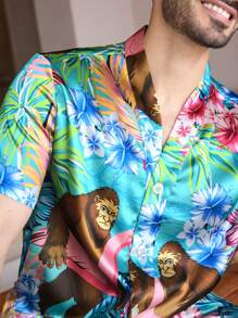 Men Animal & Floral Print Front Button Short Sleeve Top And Shorts Pajama Set - Multicolor - View 6