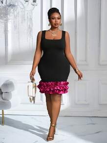 Slaydiva Đầm dự tiệc thanh lịch cỡ lớn cho nữ, không tay màu đen có viền xếp nếp nhiều màu - màu đen - Xem 1