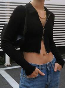 DAZY 女士短款修身T恤长袖女式上衣 - 黑色 - 查看 7