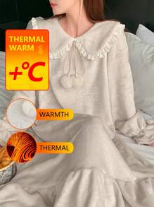 DAZY 加厚法兰绒蕾丝翻领甜美睡裙，蓬松保暖，适合秋冬季节，舒适温暖，宽松睡衣 - 米色 - 查看 1