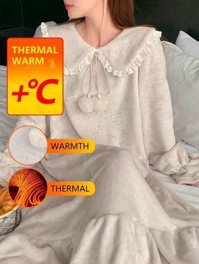 DAZY Thickened Flannelette Lace Trim Lapel Sweet Nightgown Fluffy,Fleece Lined Fall,Winter