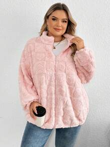 SHEIN CURVE+ Áo khoác trái tim màu hồng thường ngày cỡ lớn, dành cho mùa đông - Hồng - Xem 5