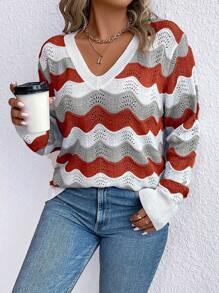 SHEIN LUNE Áo len sọc rỗng cổ chữ V dài tay cỡ lớn thường ngày - trái cam - Xem 5
