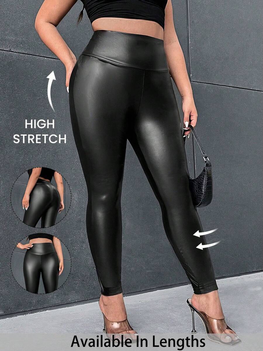 SHEIN Tall CURVE Quần legging da PU trơn tối giản cỡ lớn, mặc thường ngày, mùa đông - màu đen - Xem 1