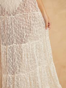 L'Amorae 女士纯色抹胸褶饰网眼拼接迷你连衣裙，休闲假日 - 杏色 - 查看 2