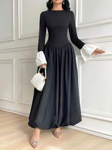 Modelyn Women's Solid Color Patchwork Long Sleeve Round Neck Simple Pleated Casual Dress - Black and White - View 6