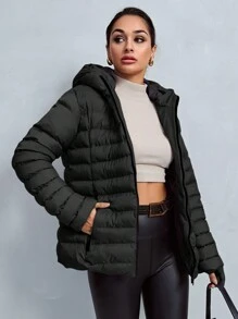 EURMUSE Cappotto imbottito con chiusura lampo frontale, maniche lunghe, minimalista con cappuccio per le donne - nero - Visualizzare 3