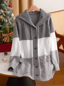 SHEIN Essnce Áo len cardigan cổ lọ dệt kim rộng màu Giáng sinh cỡ lớn, mùa thu/đông - Xám - Xem 7
