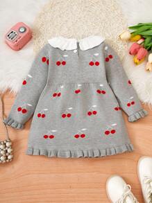Baby Girl Long Sleeve Cherry Pattern Sweater Dress - Light Grey - View 2