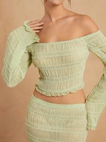 L'Amorae Texture Off Shoulder Bell Sleeve Top & Skirt Set - Green - View 7