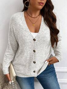 Vionelle Cárdigan de punto de cuello en V con botones y manga larga de un solo color, para invierno, en tallas grandes - Gris - Ver 2