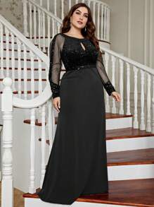 Plus Size Women's Sparkly Mesh Sequins Mermaid Evening Party Dress, Wedding Event Dress, Black Elegant Long Sleeve Formal Prom Gown, For Wedding Guest, Graduation, Dinner - 黑色 - 查看 5