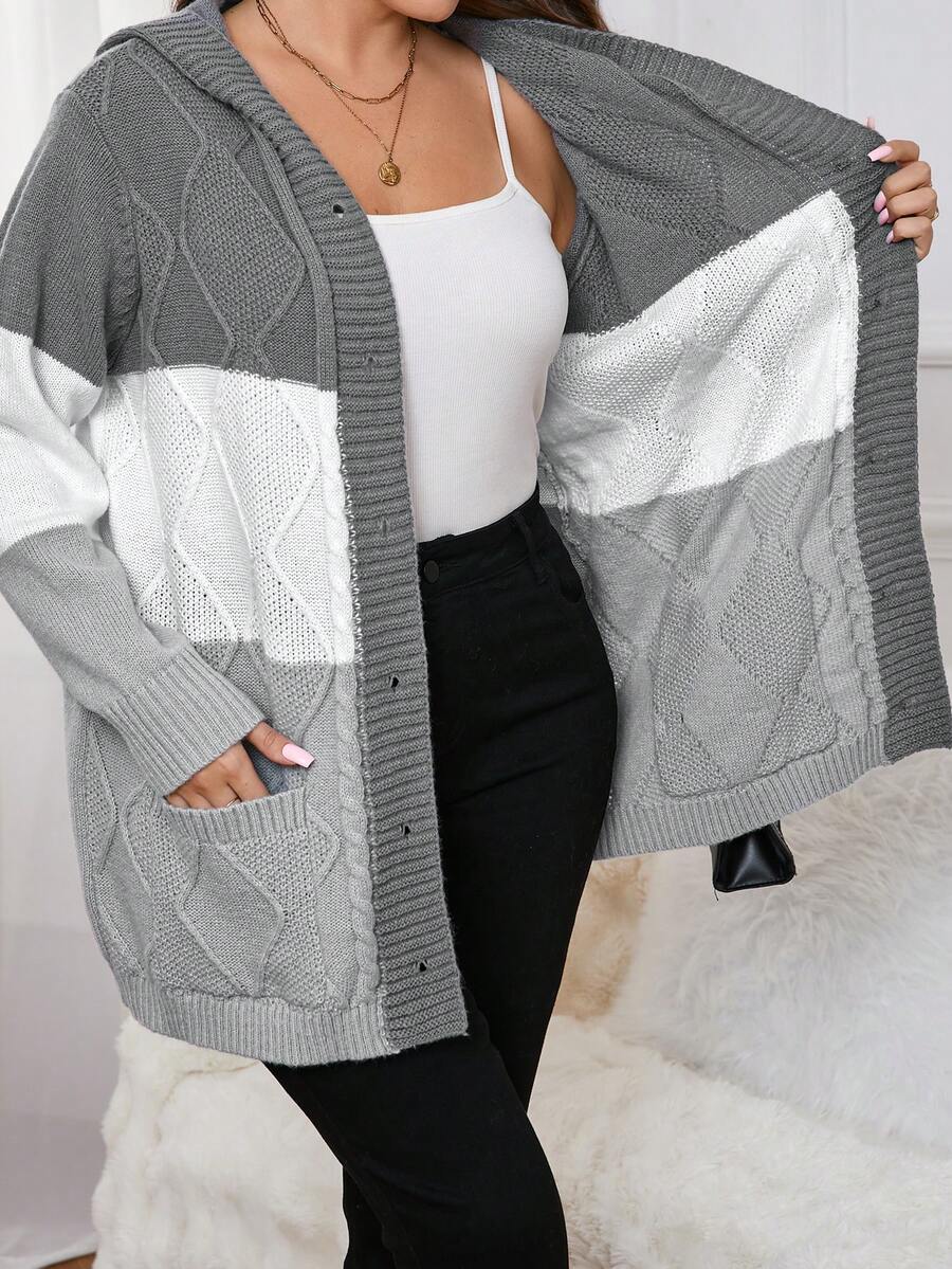 SHEIN Essnce Áo len cardigan cổ lọ dệt kim rộng màu Giáng sinh cỡ lớn, mùa thu/đông - Xám - Xem 1